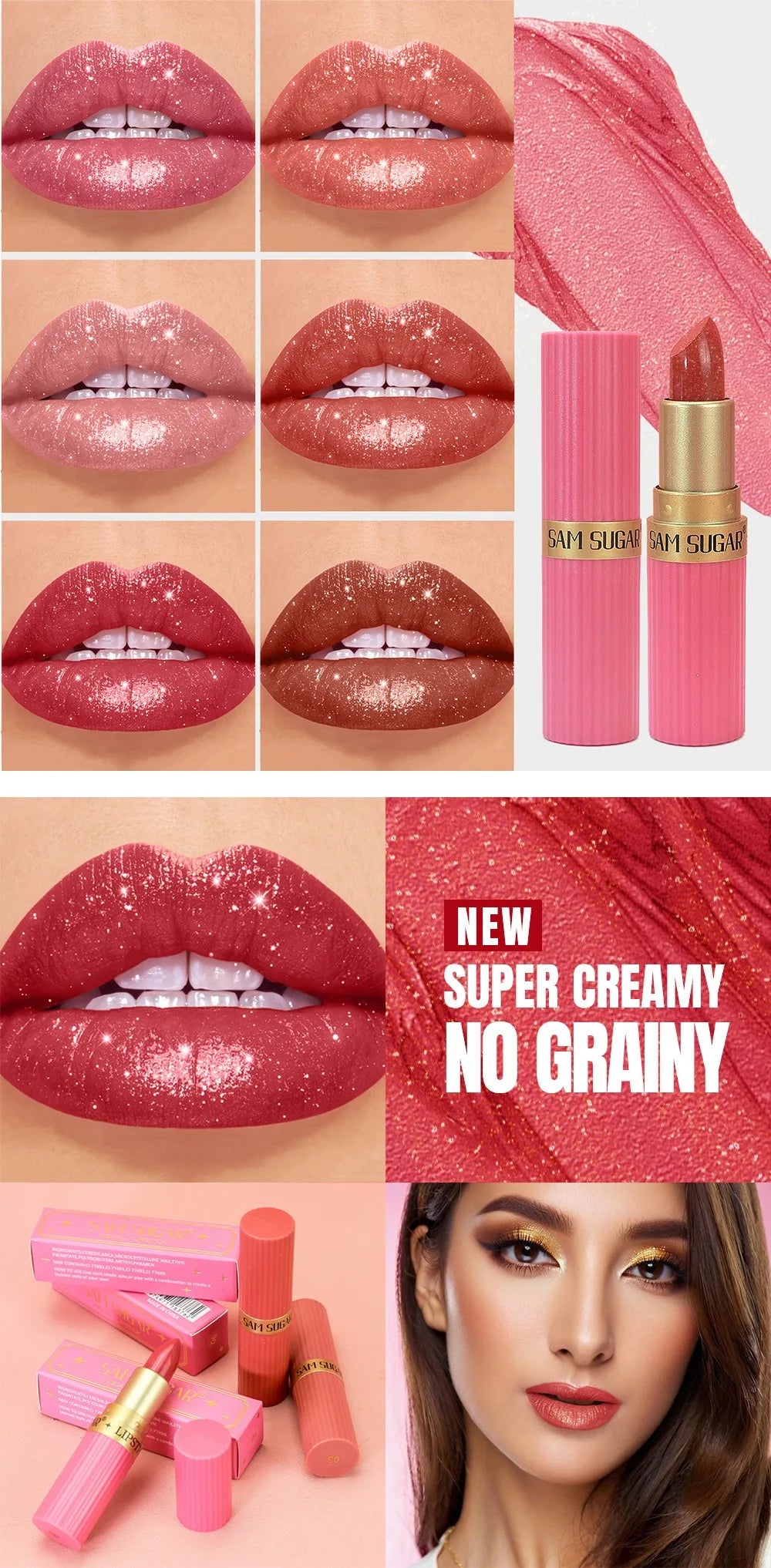 Pearlescent Pink Glitter Velvet Lipstick – Metallic, Waterproof, Long-Lasting Matte Shimmer Diamond Lipstick