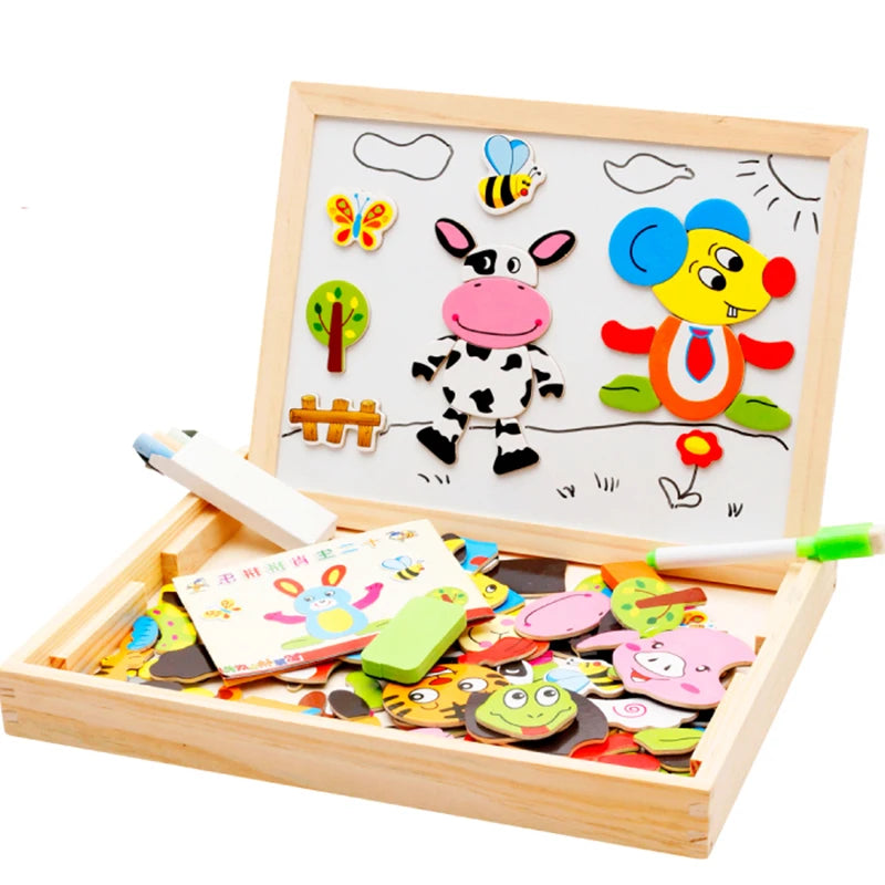 Wooden Multifunction Magnetic Drawing Board – Animal Puzzle Learning Toy for Kids