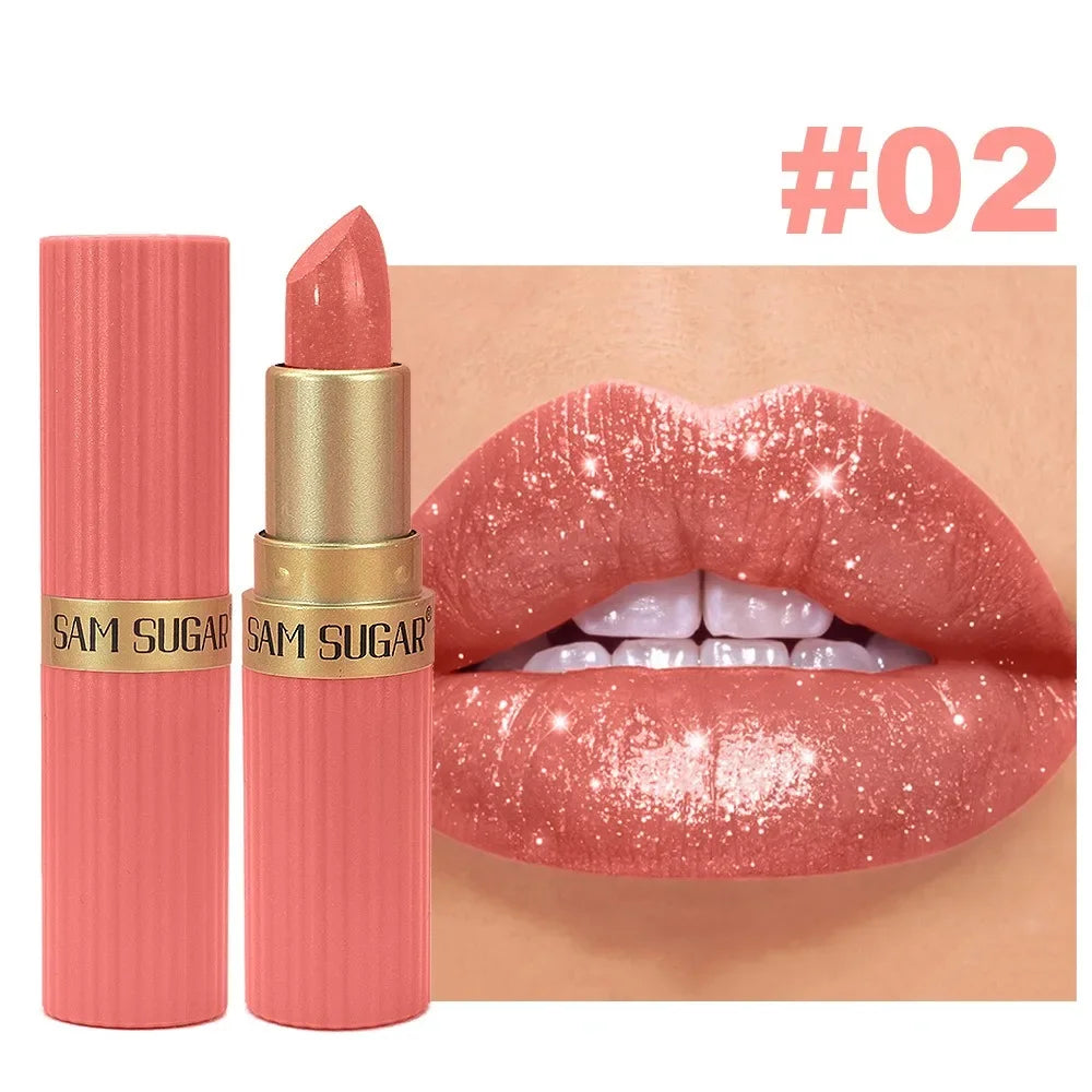Nude Pink Metallic Glitter Lipstick – Long-Lasting Waterproof Shimmery Lip Gloss