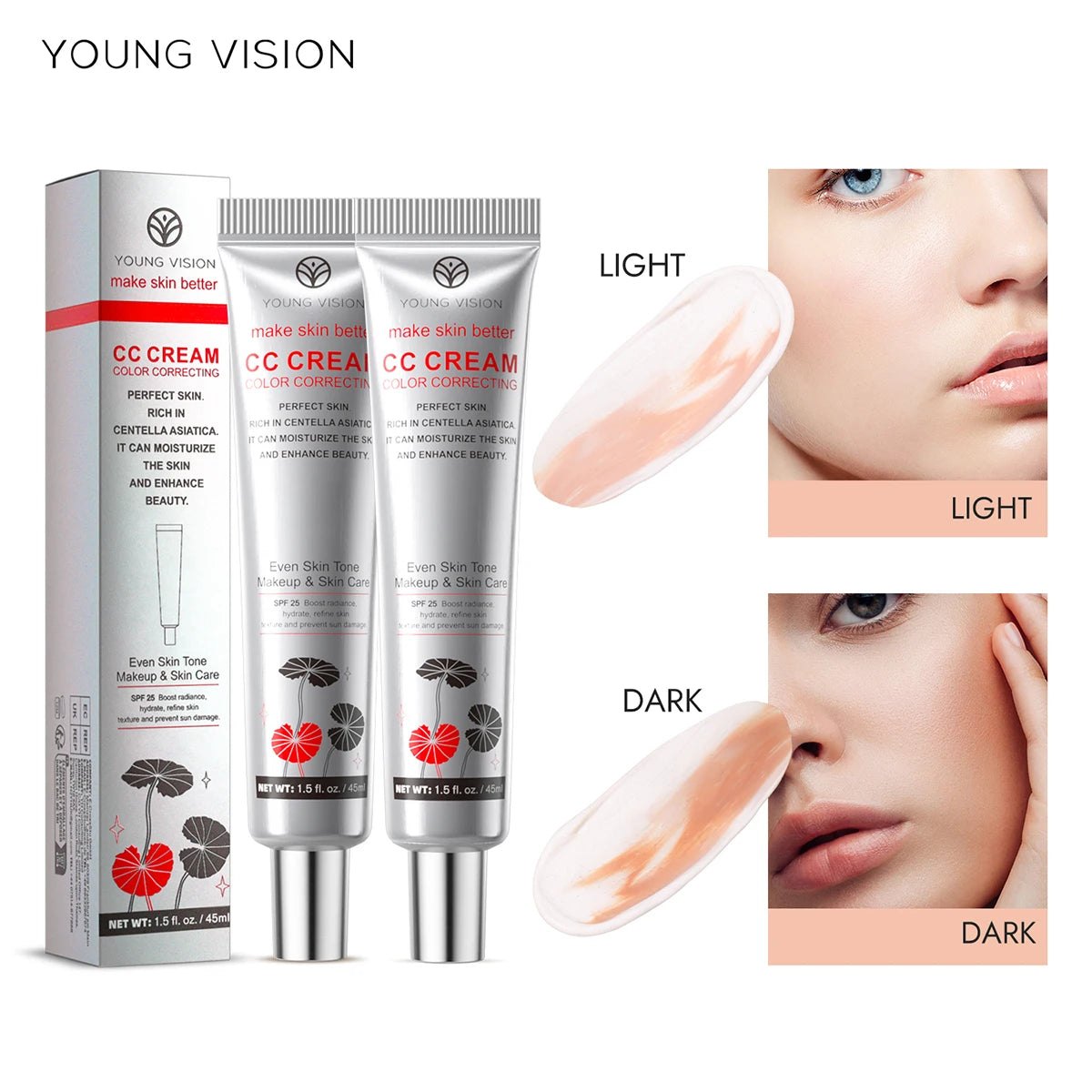 2-Color Brightening CC Cream with Puff – Even Skin Tone & Conceal Pores, Women’s Makeup Cosmetics