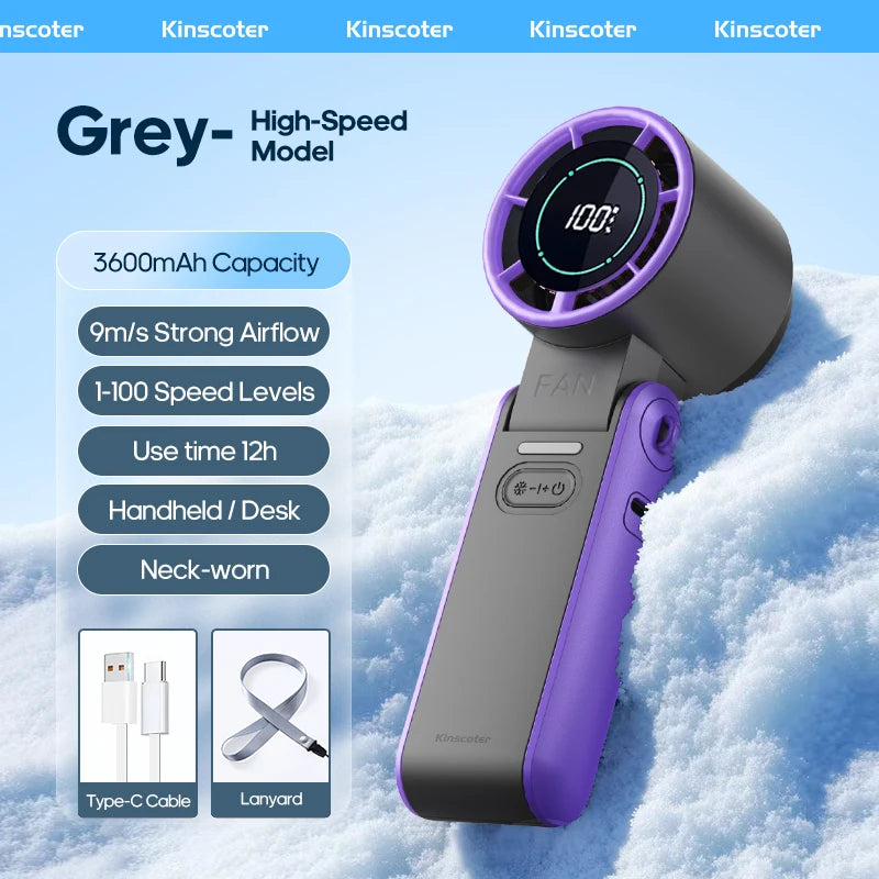 KINSCOTER Portable Air Cooling Turbo Fan 3600mAh 100 Wind Speeds Adjustable Outdoor Foldable Student Handheld Fan with Lanyard