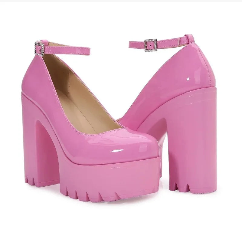 Pink Chunky Heeled Ankle Strap Pumps – Sweet Platform Square Heel Women’s High Heels