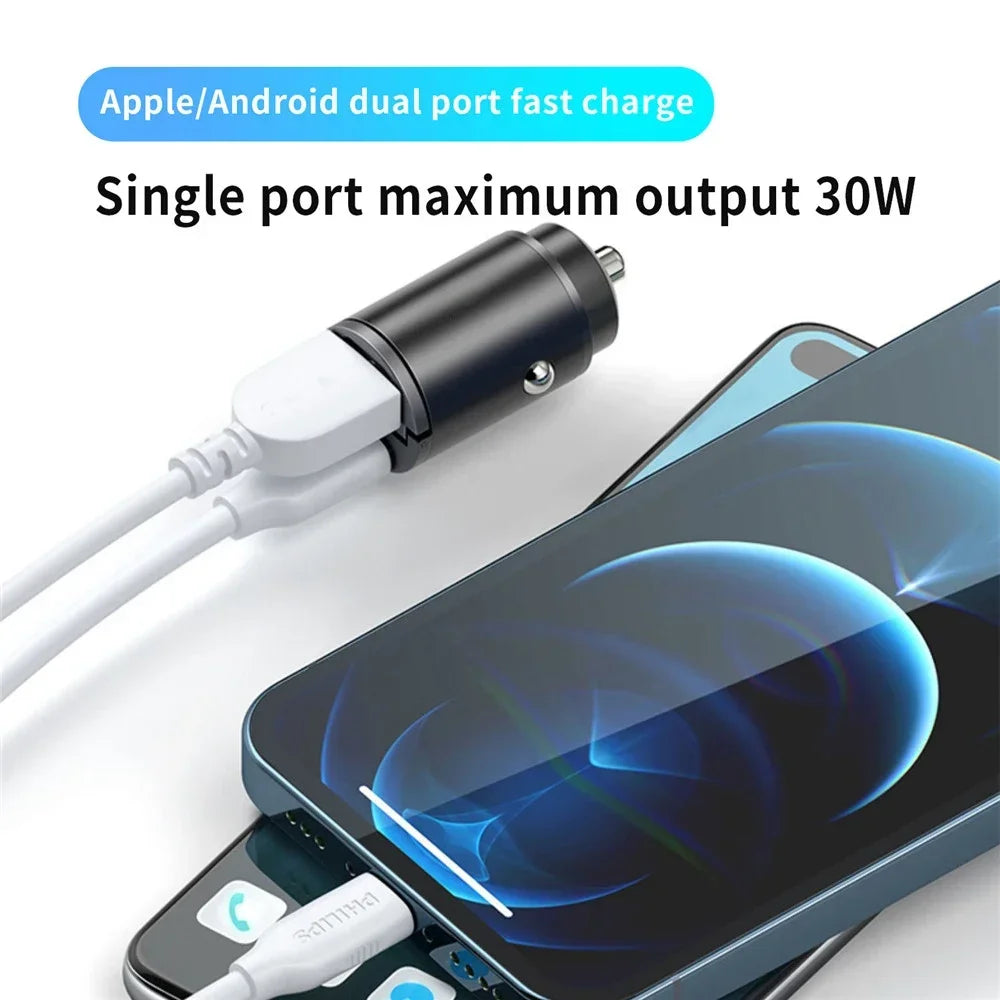 Mini 100W PD QC Fast Charging Car Charger – USB-C Pull Ring Adapter for iPhone, Samsung, Xiaomi & Huawei