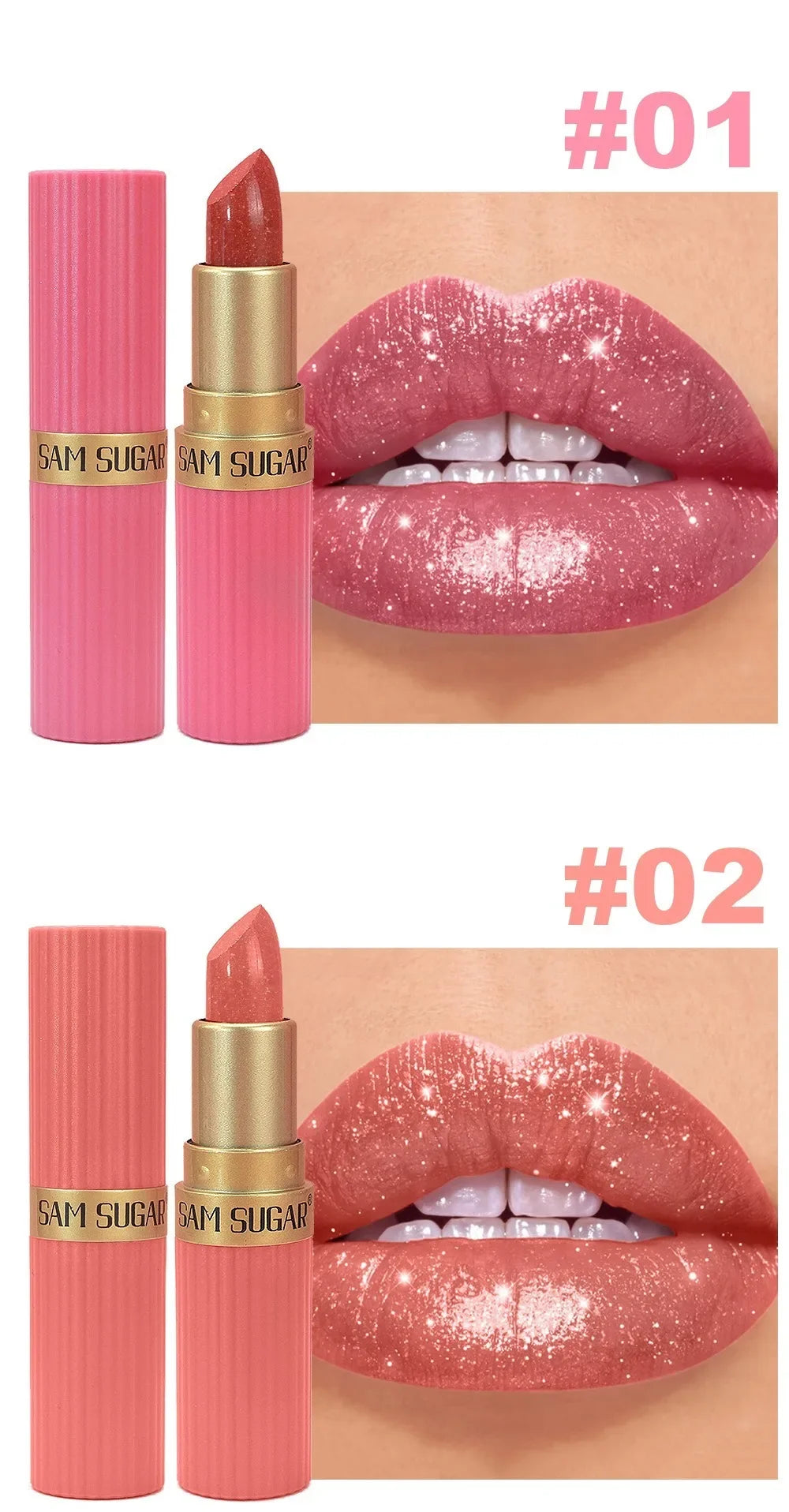 Nude Pink Metallic Glitter Lipstick – Long-Lasting Waterproof Shimmery Lip Gloss
