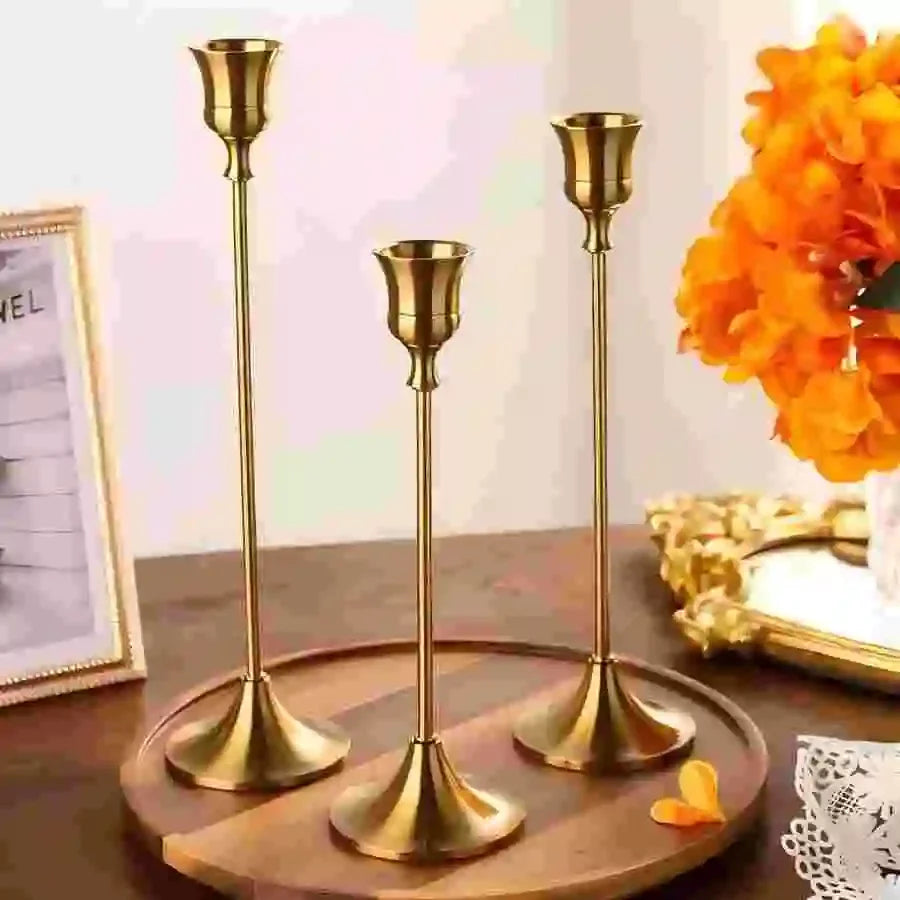 Set of 3 Vintage Metal & Aluminum Candle Holders – Elegant Tabletop Décor for Weddings & Home