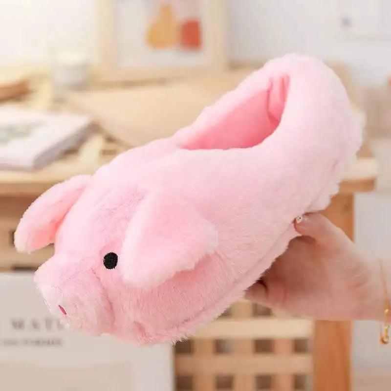 Cute Pink Pig Plush Slippers – Warm Winter Furry Indoor Shoes for Women