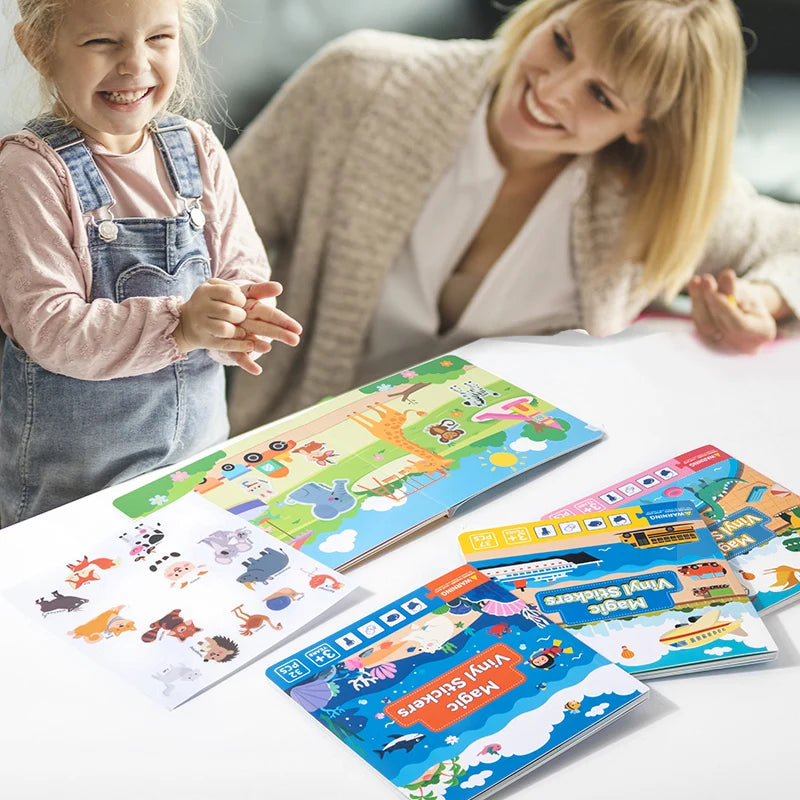 Reusable Magic Sticker Book – DIY Cartoon Animal Puzzle Learning Toy for Kids