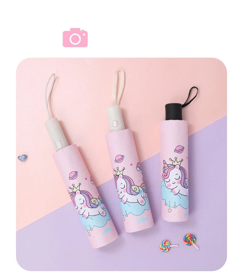 Pink Unicorn Princess Automatic Umbrella – Windproof Folding Reflective Umbrella