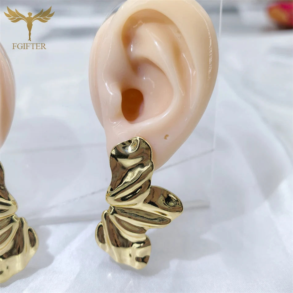 Hyperbole Chunky Earrings Wrinkle Flower Leaf Design Stud Earings Women Golden Stainless Steel Jewelry Accessories Gifts for Her