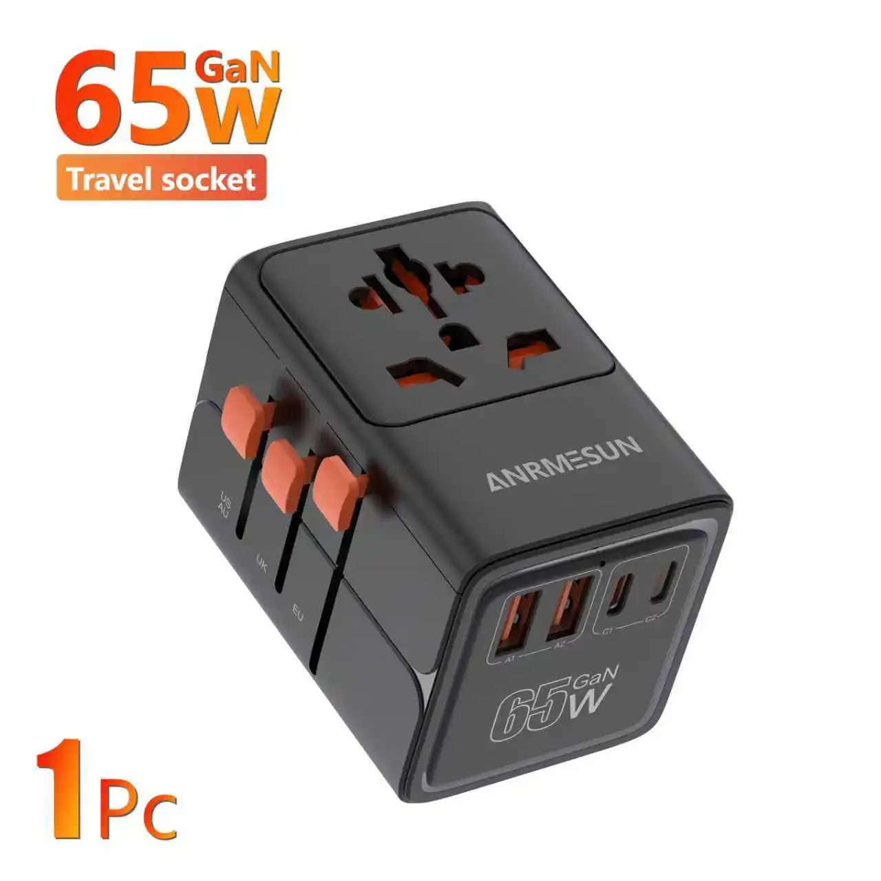 Universal 2500W Travel Adapter – 4 AC Outlets, 1 USB & 2 Type-C PD 25W Fast Charging EU/UK/US/AUS Plug