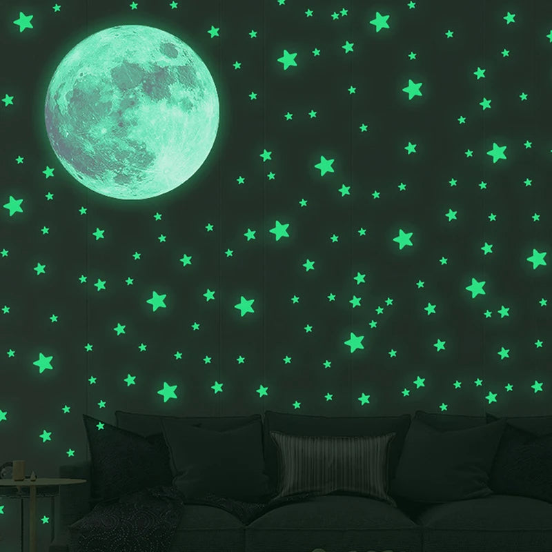 103pcs Luminous Moon & Stars Wall Stickers – Glow-in-the-Dark Kids Room Décor