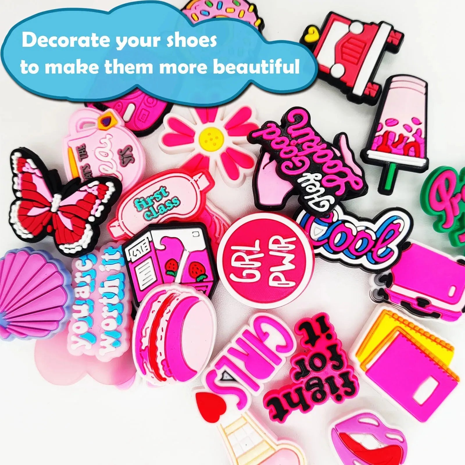 35Pcs Pink Series Shoe Charms For Clogs Shoe DIY Decoration Premium Quality Popular Charms Accessories Bubble Slides Sandals, PV