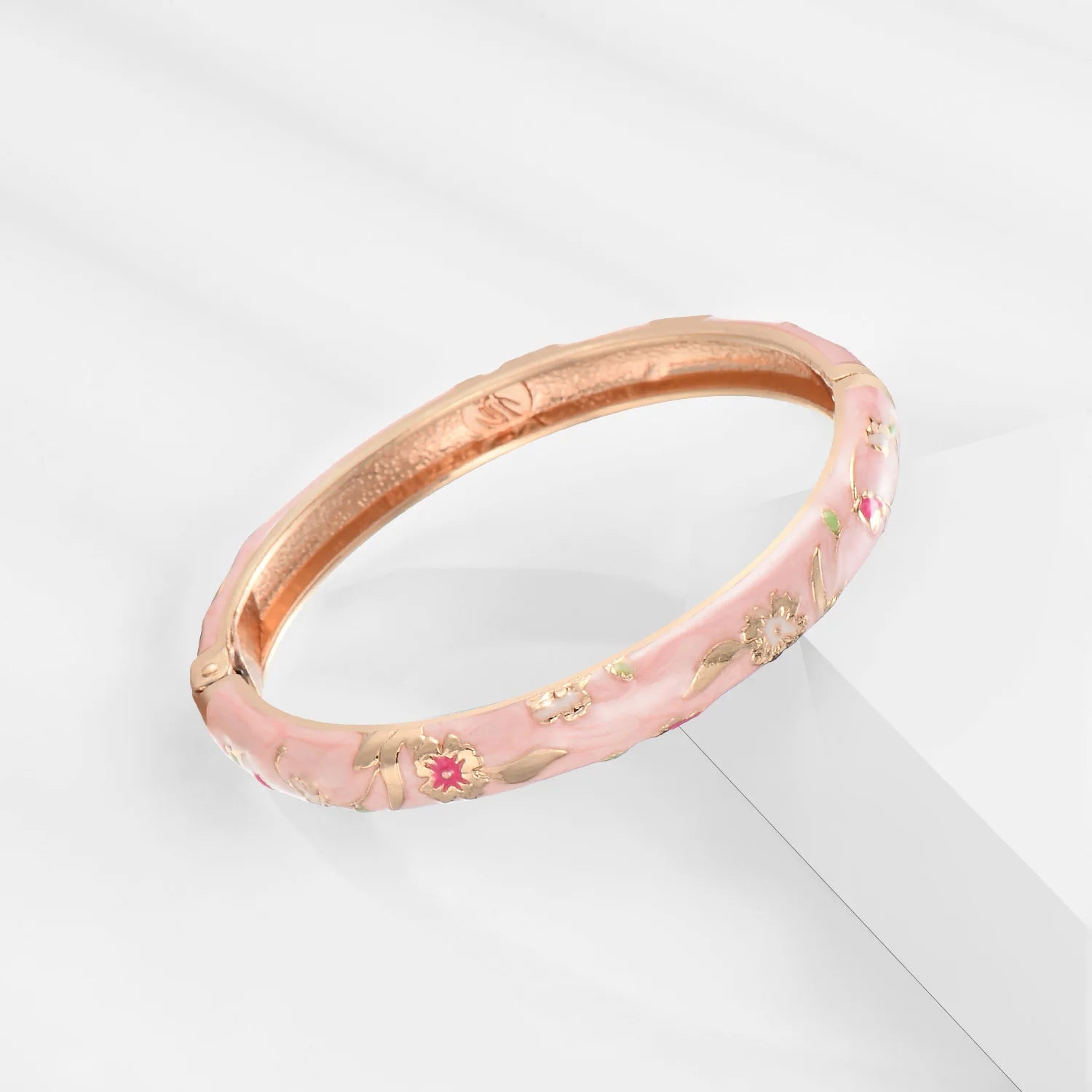 Pink Enamel Hollow Bangle – Women’s Alloy Cloisonné Bracelet Fashion Jewelry