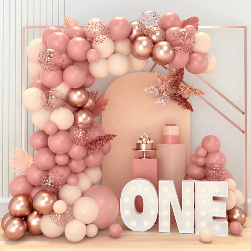 Pink Balloon Garland Kit – Retro Metallic Blush Champagne Gold Arch for Party & Wedding