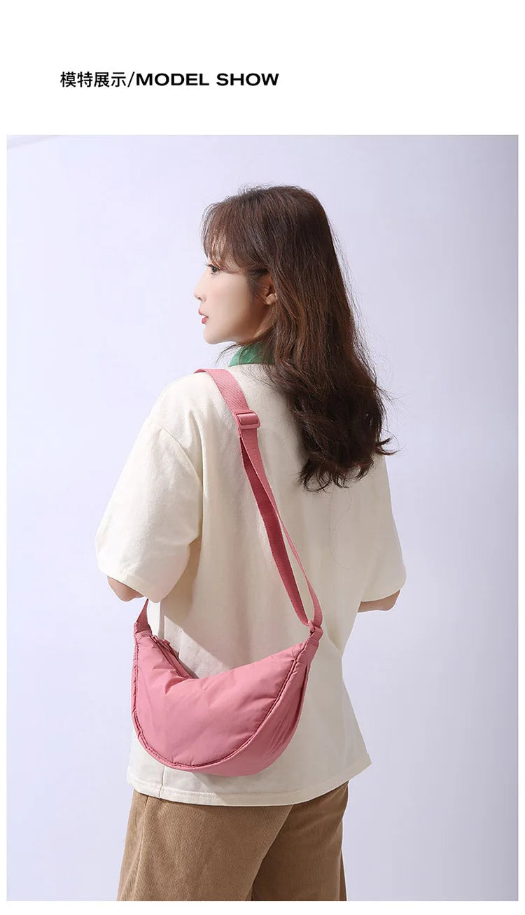 Solid Color Women’s Nylon Shoulder Bag – Portable Padded Crossbody Messenger Travel Handbag