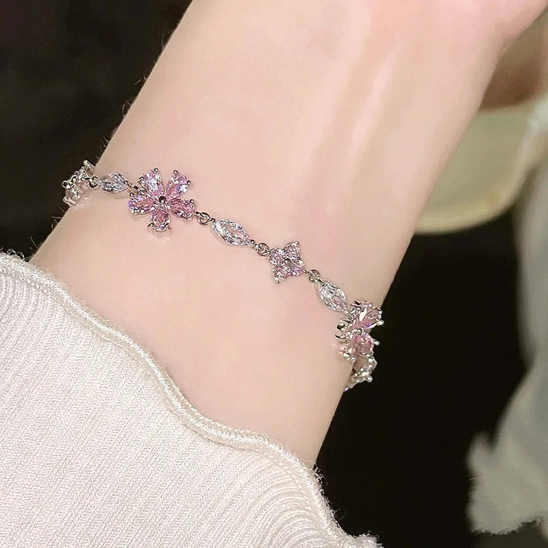 Y2K Pink Crystal Flower Bracelet – Elegant Zircon Blossom Jewelry for Women