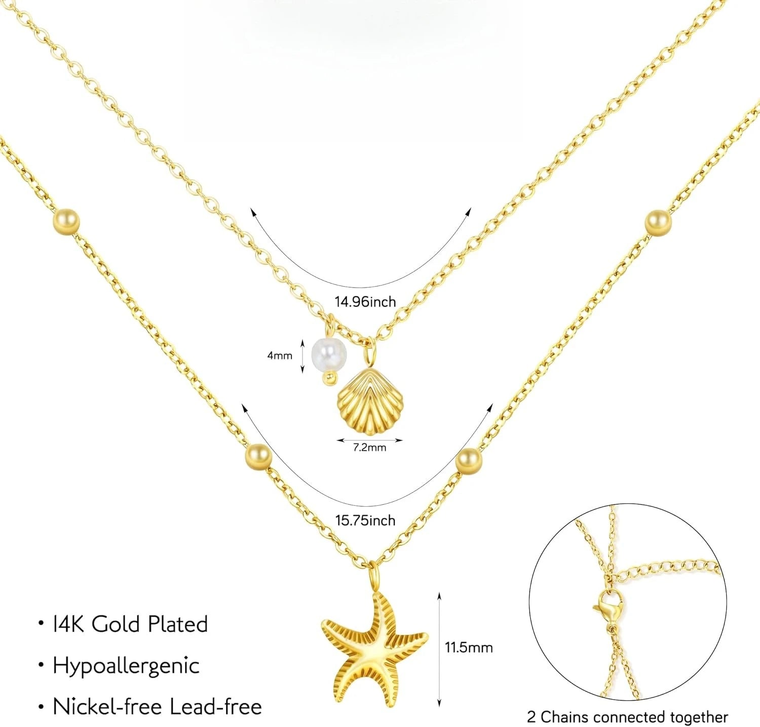 14k Gold Plated Women’s Shell Necklace – Layered Starfish & Seashell Pearl Charm Jewelry