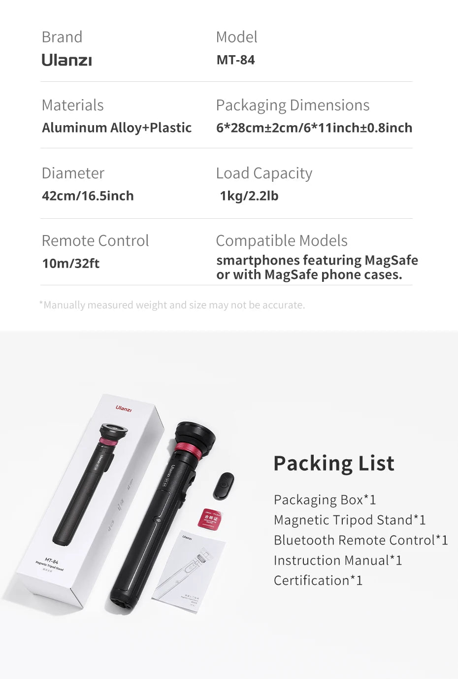Ulanzi MT-84 1.53M Magsafe Selfie Stick Tripod Bluetooth Remote for iPhone 16/15 Vlog
