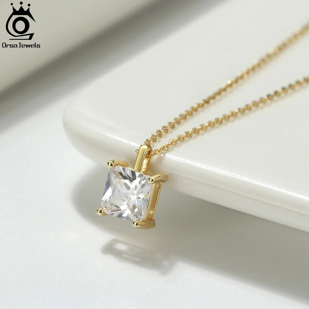 ORSA JEWELS 925 Sterling Silver Solitaire Cubic Zirconia Pendant Necklace – Classic Dainty Jewelry for Women