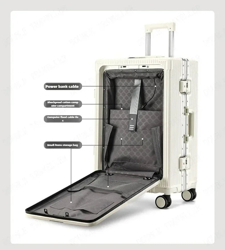 Front Opening Aluminum Frame Rolling Luggage – Large Capacity ABS+PC Trolley Suitcase with USB Charging