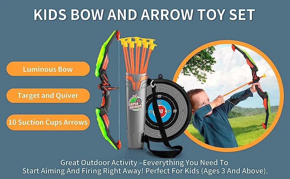 Kids LED Bow and Arrow Set – Light-Up Archery Toy with Target & Suction Arrows