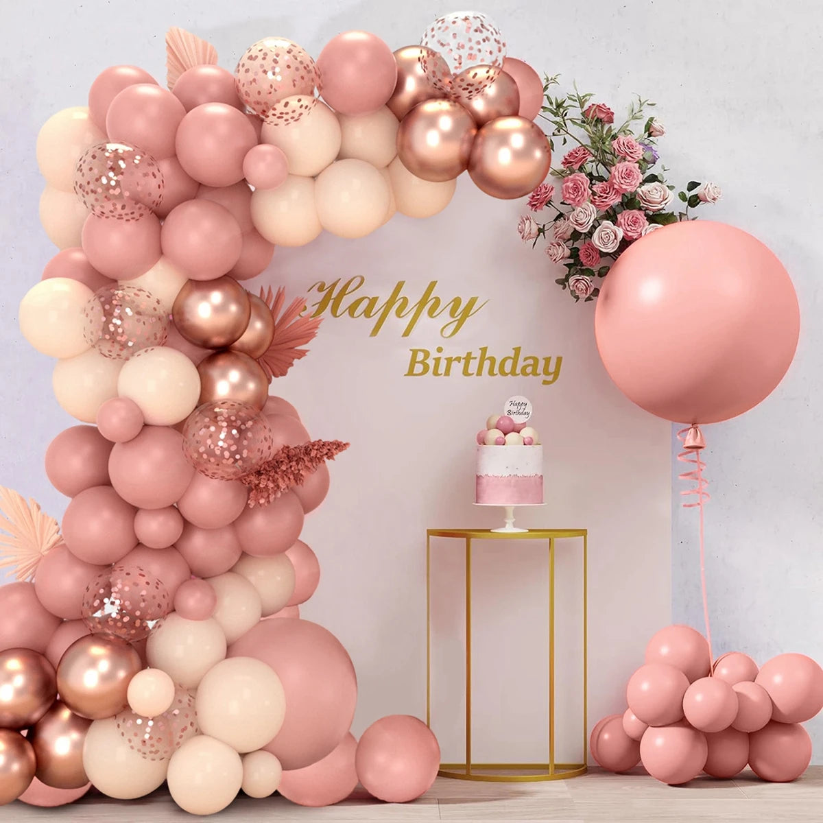 Pink Balloon Garland Kit – Retro Metallic Blush Champagne Gold Arch for Party & Wedding