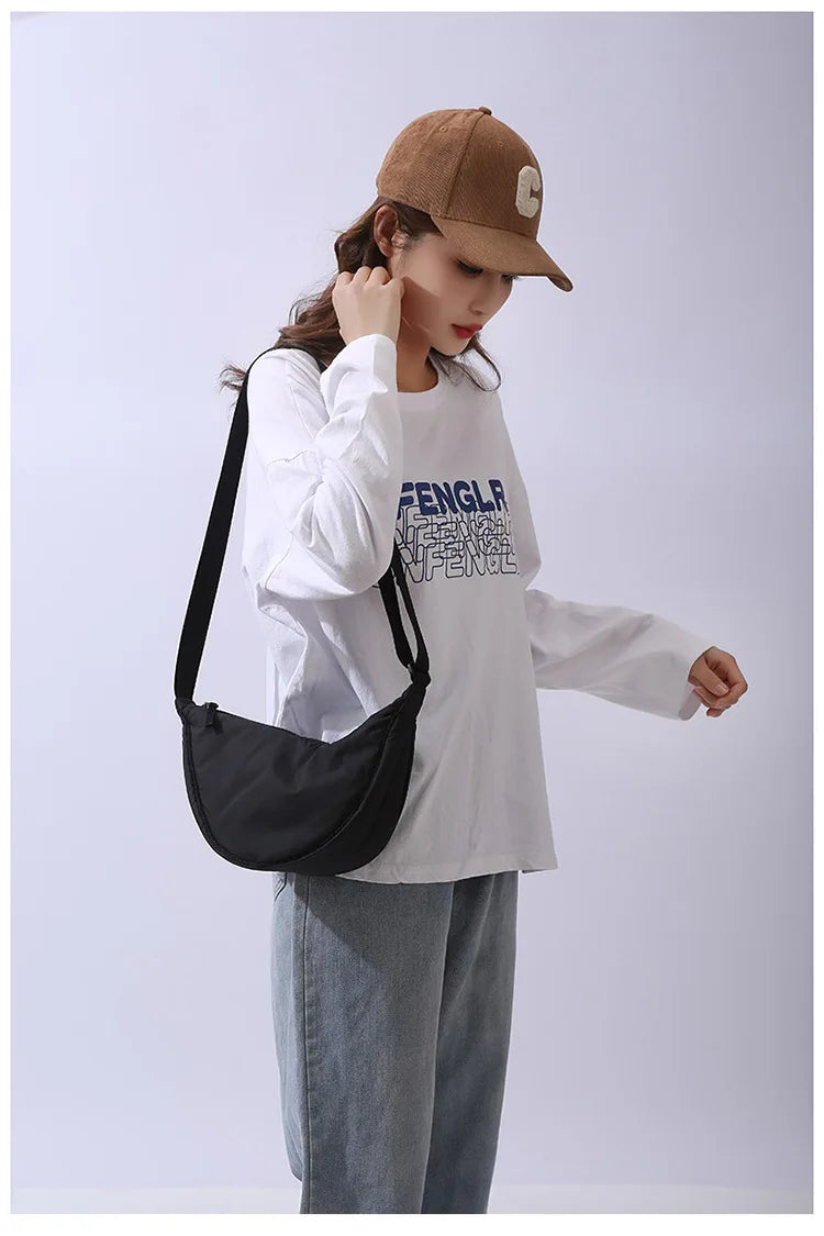 Solid Color Women’s Nylon Shoulder Bag – Portable Padded Crossbody Messenger Travel Handbag