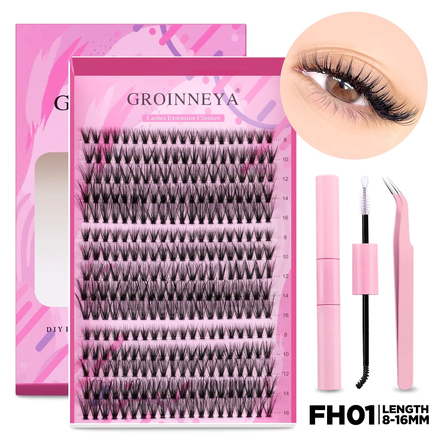 GROINNEYA DIY Lash Extension Kit – Individual Cluster Mix Lashes with Bond & Seal for At-Home Use