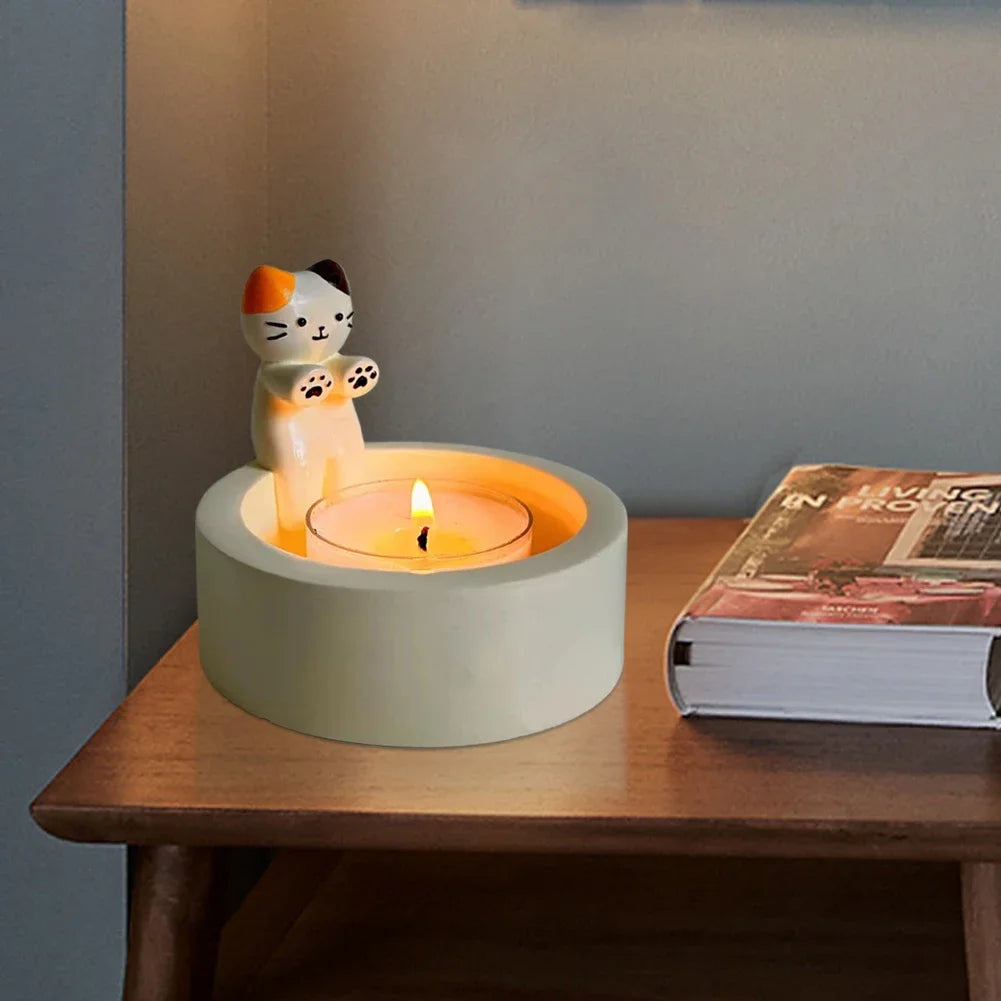 Cartoon Cat Tea Light Candle Holder – Cute Desktop Decorative Candlestick for Home & Office