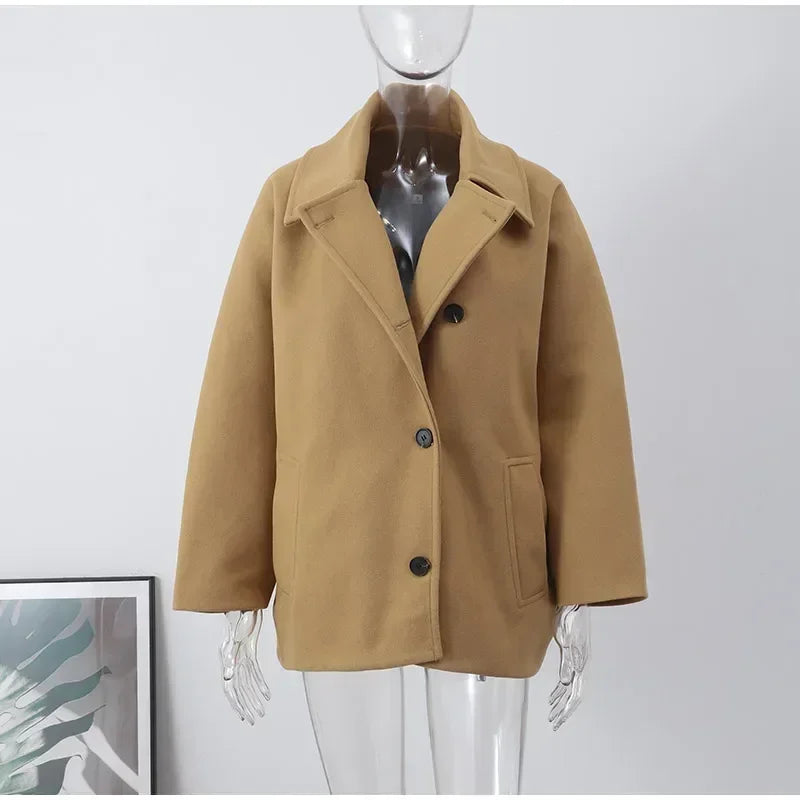 Fashion Lapel Woolen Jacket For Women 2025 Spring Single Breasted Long Sleeve Coats Female Elegant Oversized Chic Street Outwear