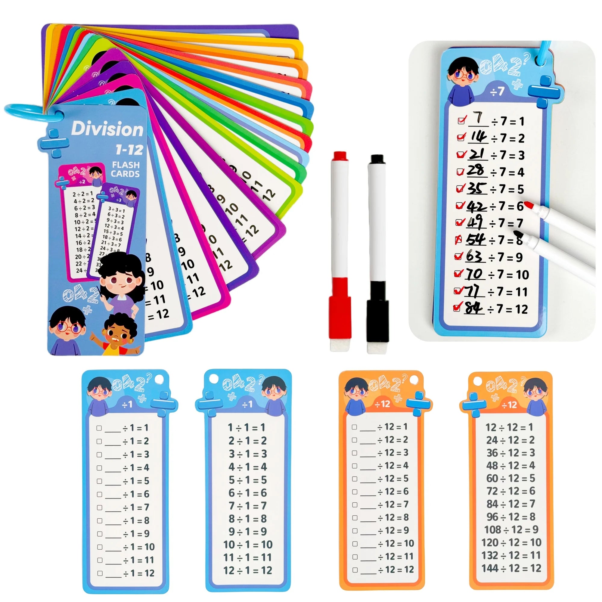 Digital Learning Math Flash Cards Set – 15 Reusable Cards with Erasable Pens for Kids Math Practice & Memory Training