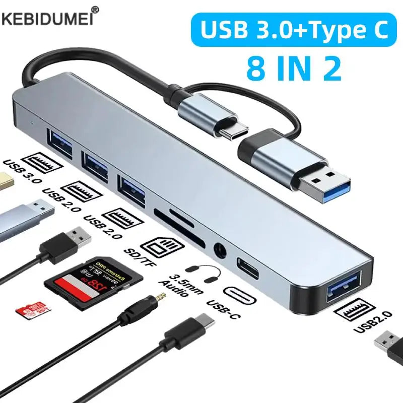 USB 3.0 Type-C Docking Station – Multi-Hub Adapter with TF/SD Card Reader, Audio Output & USB 2.0 Ports for MacBook Pro
