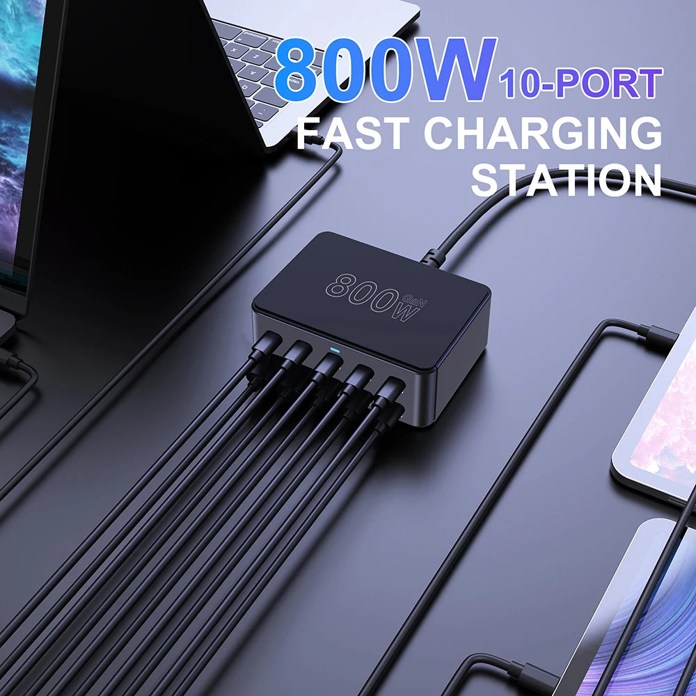 800W GaN USB-C Charger – 100W PD3.0 PPS QC3.0 Multiport Fast Charging Station for iPhone 15/16, Samsung, MacBook & Laptops