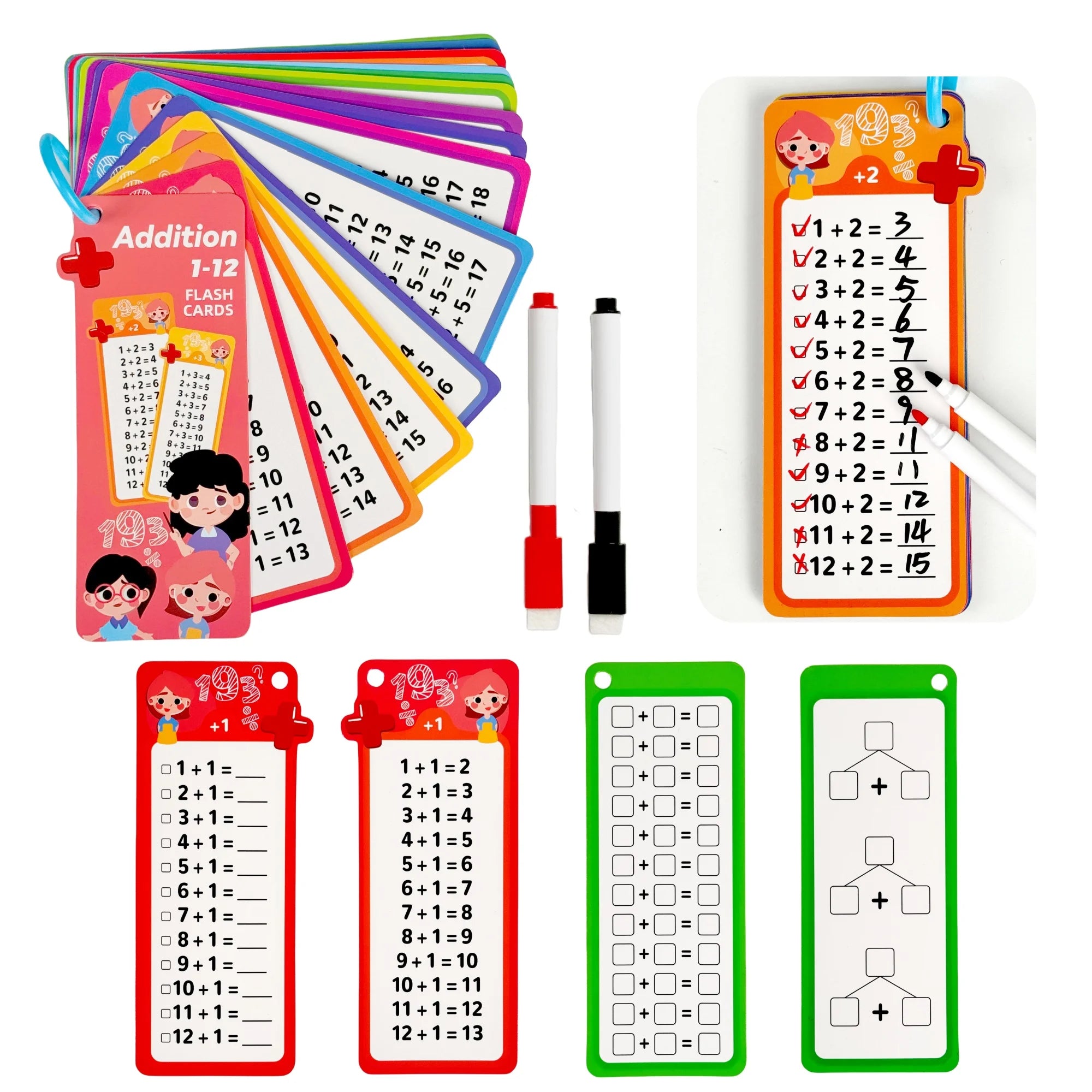 Digital Learning Math Flash Cards Set – 15 Reusable Cards with Erasable Pens for Kids Math Practice & Memory Training
