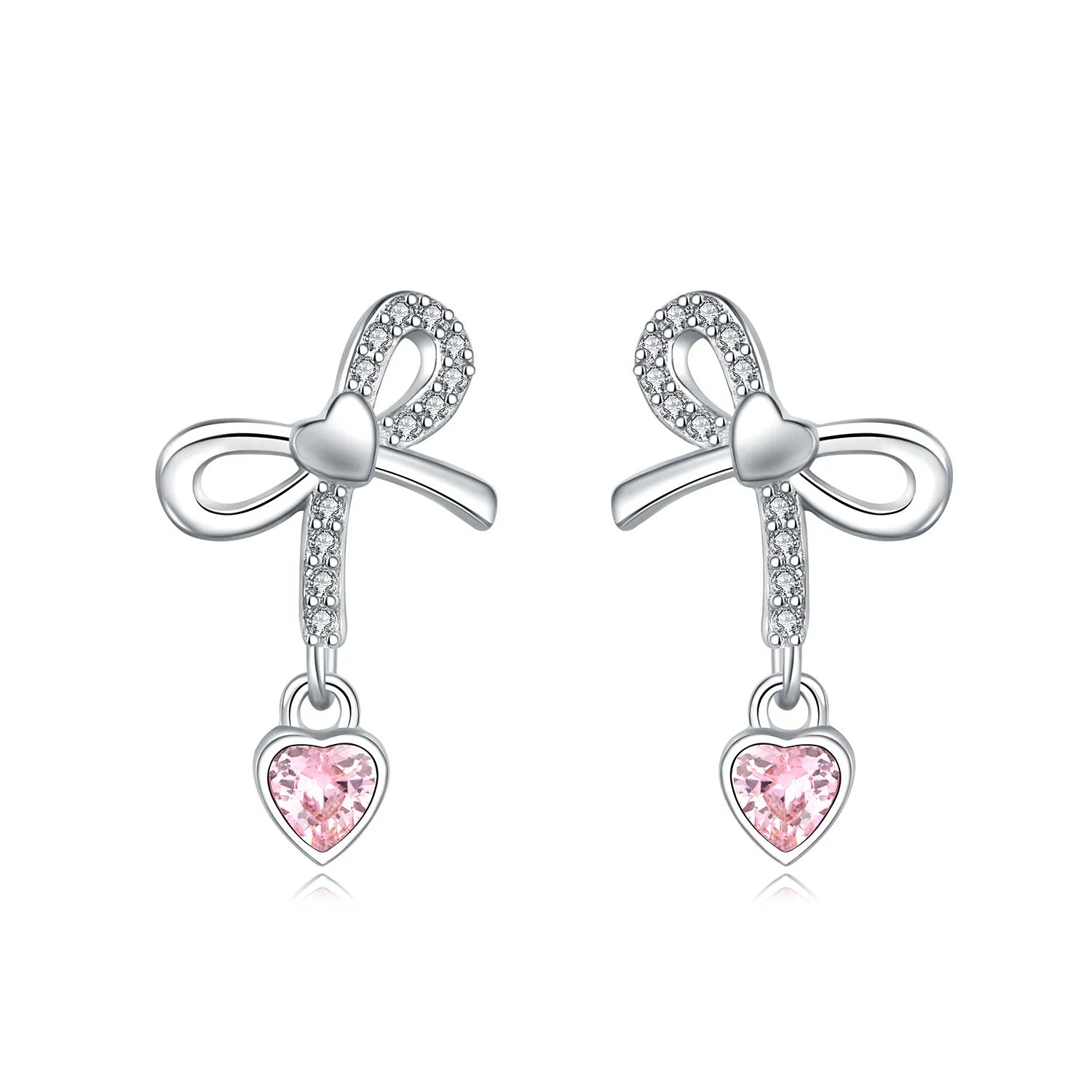 925 Sterling Silver Pink Heart Bow Stud Earrings – Elegant Gift for Women