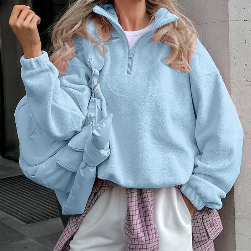 Pink Lamb Fleece Hoodie – Women’s Casual Thick Zipper Pullover Streetwear