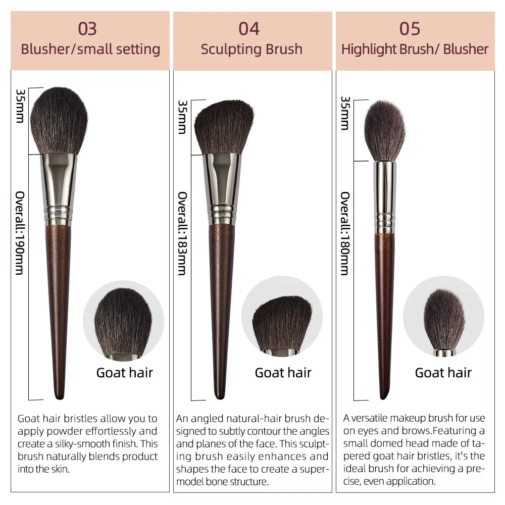 OVW 3Pcs Makeup Brush Set – Soft Goat Hair Blusher, Sculpting & Highlight Brushes