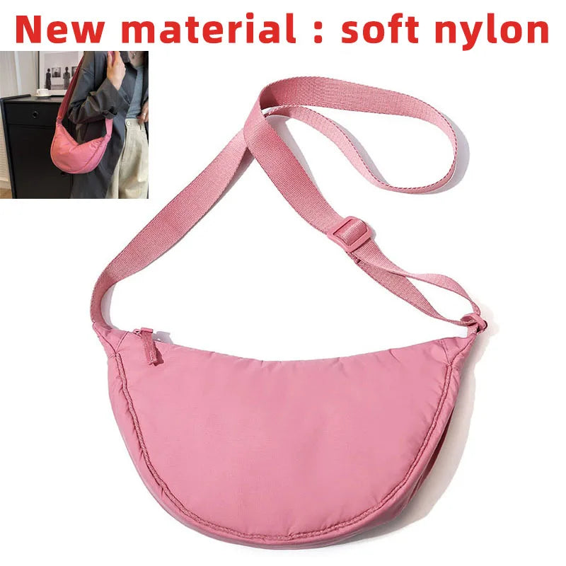 Solid Color Women’s Nylon Shoulder Bag – Portable Padded Crossbody Messenger Travel Handbag
