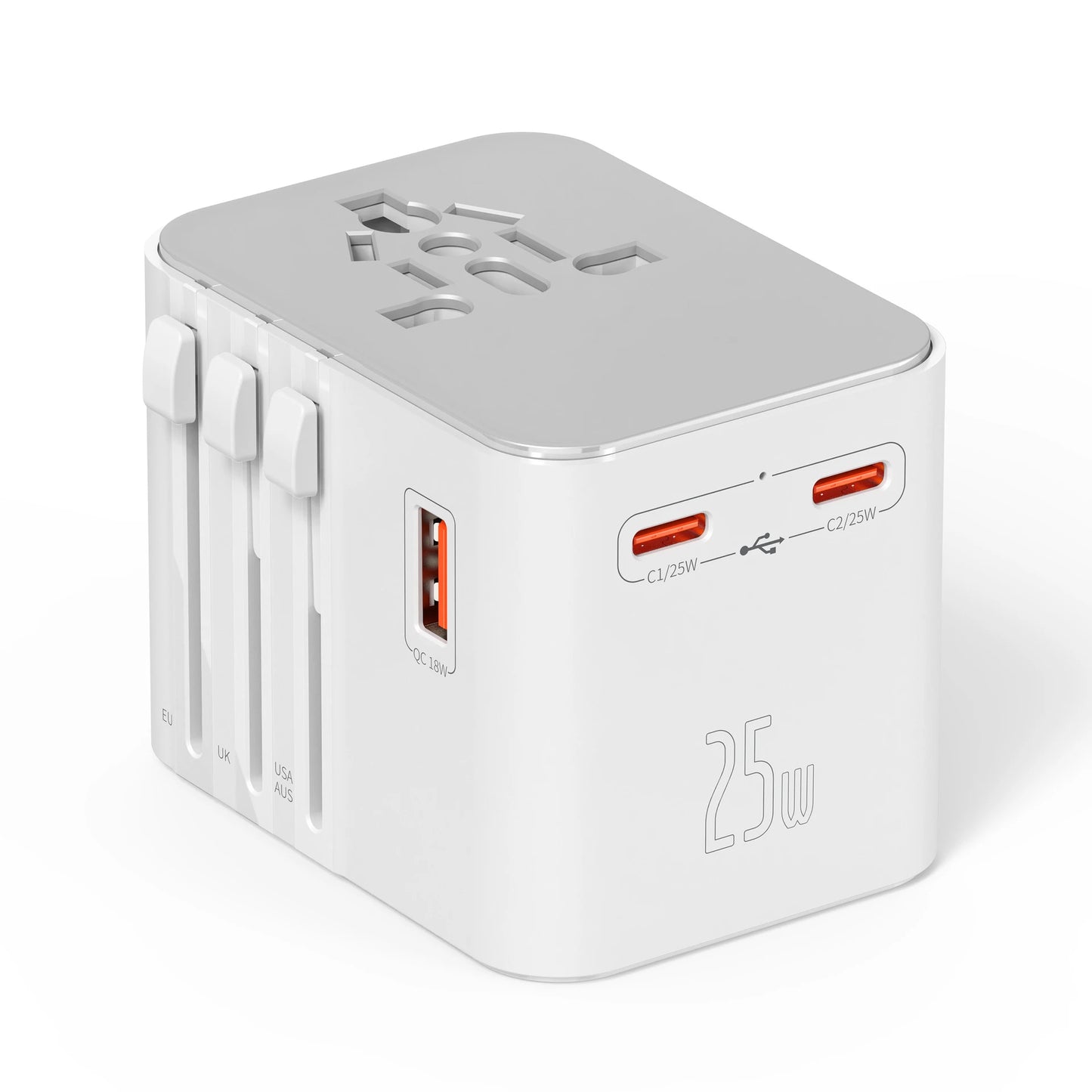 Universal 2500W Travel Adapter – 4 AC Outlets, 1 USB & 2 Type-C PD 25W Fast Charging EU/UK/US/AUS Plug