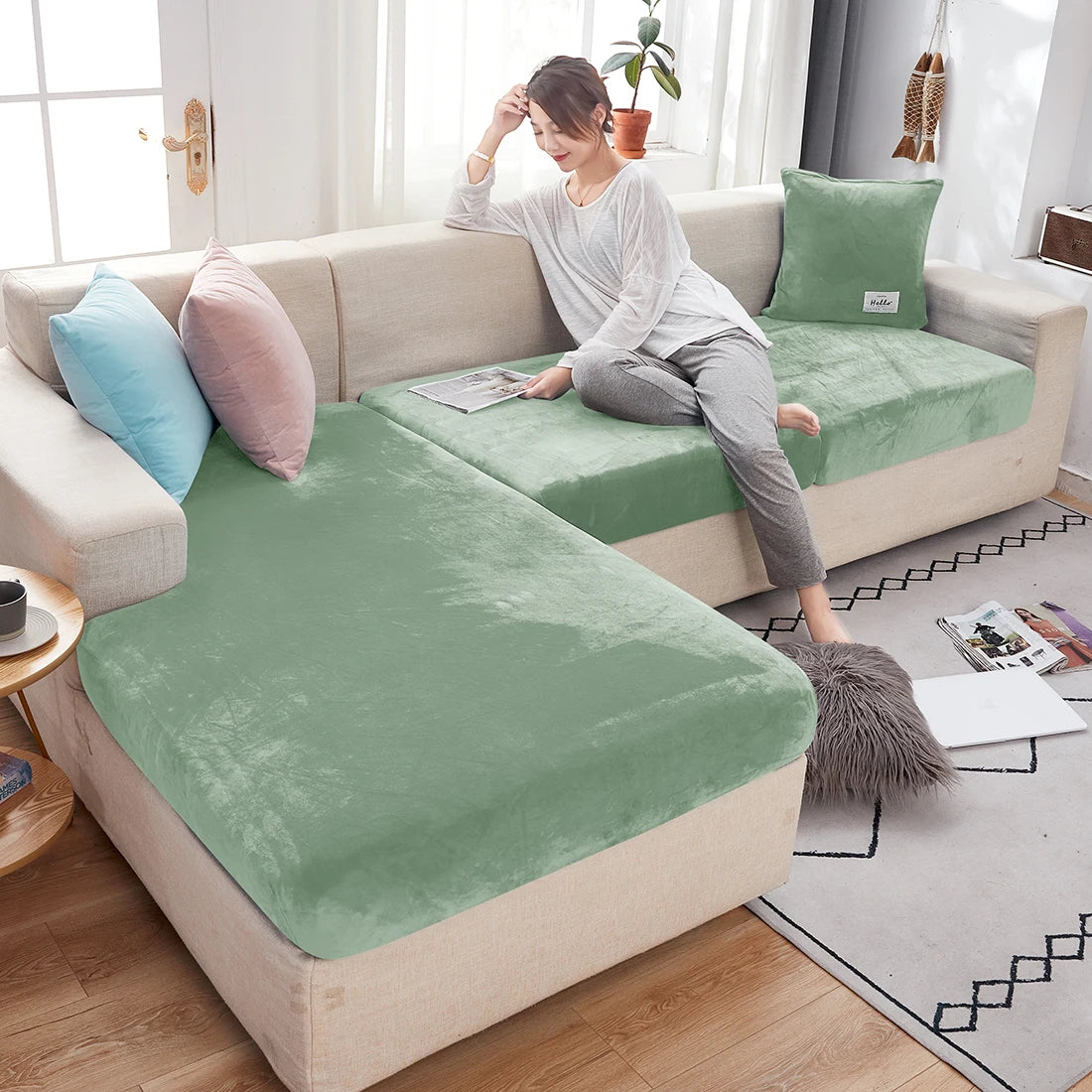 Plush Elastic Sofa Slipcover – Anti-Slip Couch Cover for Home & Office