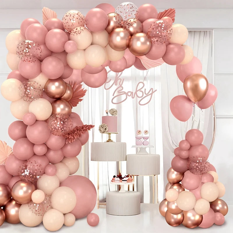 Pink Balloon Garland Kit – Retro Metallic Blush Champagne Gold Arch for Party & Wedding