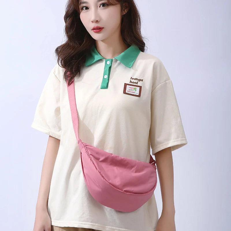 Solid Color Women’s Nylon Shoulder Bag – Portable Padded Crossbody Messenger Travel Handbag