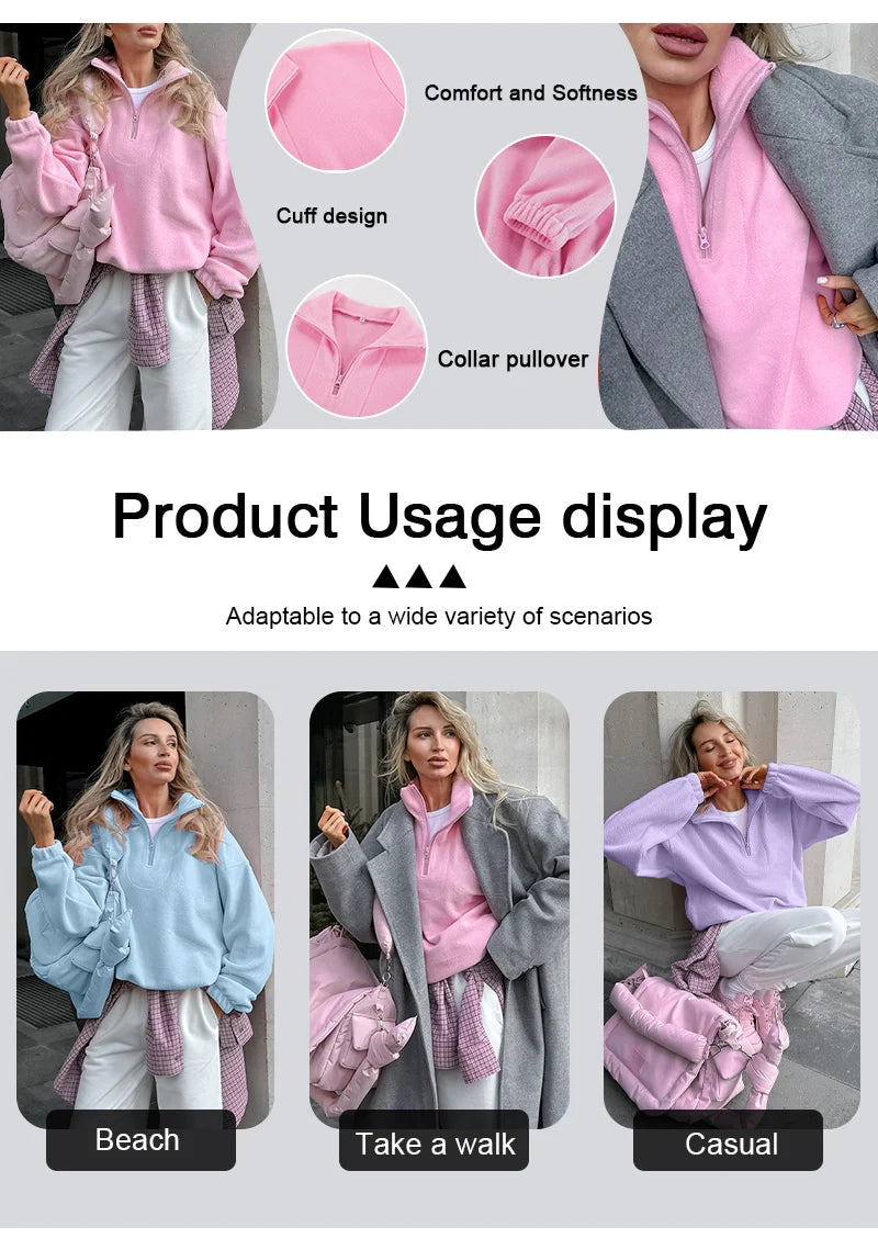 Pink Lamb Fleece Hoodie – Women’s Casual Thick Zipper Pullover Streetwear