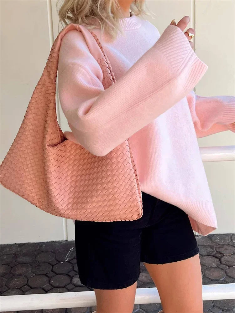 Tossy Pink Knit Sweater – Y2K Patchwork Loose Pullover for Women