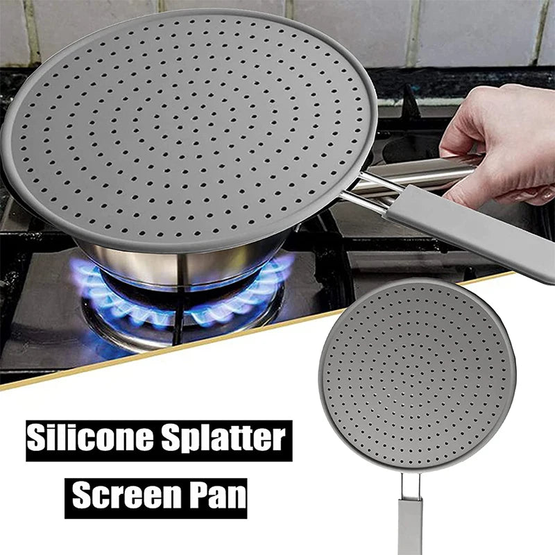 Silicone Kitchen Splatter Screen – Heat-Resistant Oil Splash Guard with Handle
