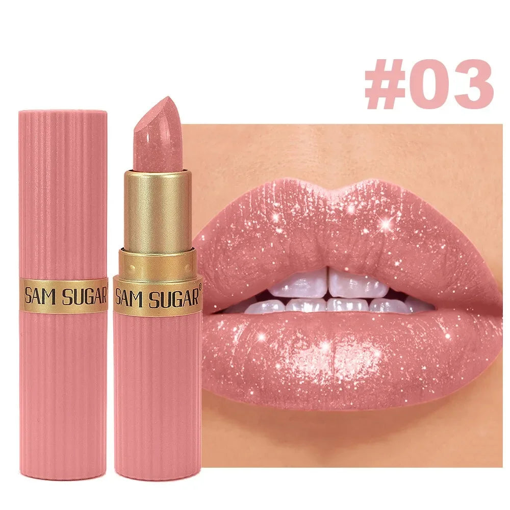 Nude Pink Metallic Glitter Lipstick – Long-Lasting Waterproof Shimmery Lip Gloss