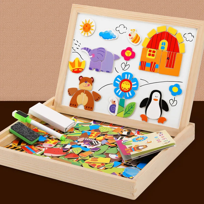 100+Pcs Wooden Magnetic Animal Puzzle Board – Multifunction Learning Drawing Toy for Kids Education & Creativity