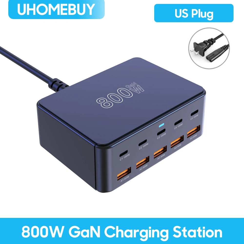 800W GaN USB-C Charger – 100W PD3.0 PPS QC3.0 Multiport Fast Charging Station for iPhone 15/16, Samsung, MacBook & Laptops