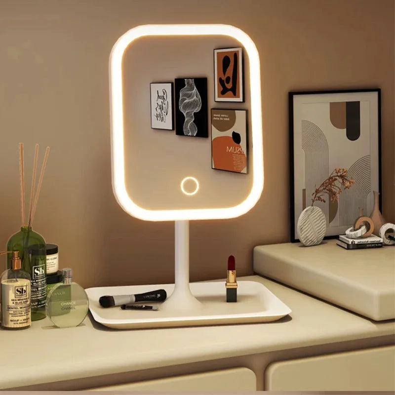 Niche Modern LED Desktop Vanity Mirror – 3-Color Touch Makeup Mirror for Bedroom