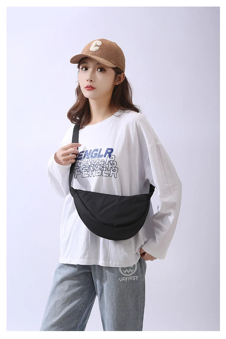 Solid Color Women’s Nylon Shoulder Bag – Portable Padded Crossbody Messenger Travel Handbag